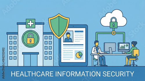 healthcare information security illustration with hospital building with shield padlock patient records cloud storage and medical staff for data protection privacy compliance and cybersecurity