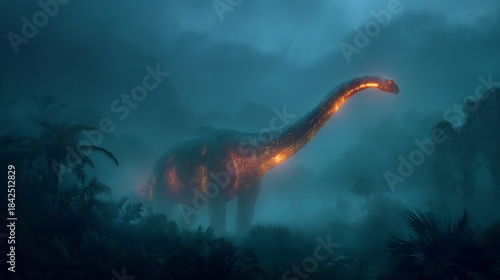 Wallpaper Mural Giant Bioluminescent Dinosaur in Misty Primeval Jungle Landscape with cinematic lighting. Torontodigital.ca