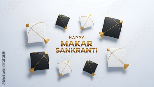Makar Sankranti festival with elegant black and white kite patang design featuring gold accents in clean minimal style celebrating Indian tradition during Uttarayan season with bright festive atmosphe