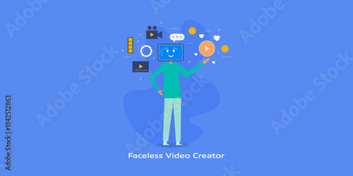 Human figure with digital display face pointing towards video symbol and surrounded with floating multi media elements, indicates faceless video creation.