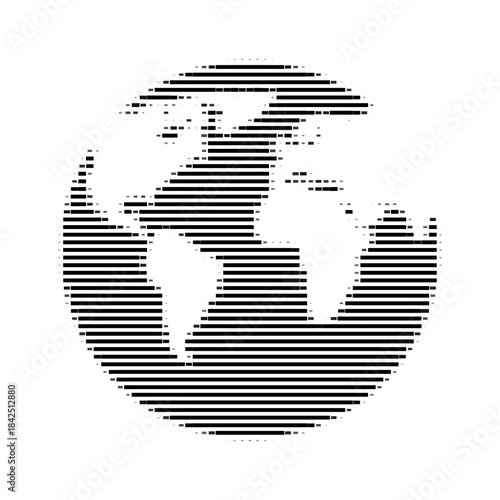 Abstract halftone globe made of horizontal lines, minimal black and white world symbol representing global business, technology, data, connection and modern communication concept.