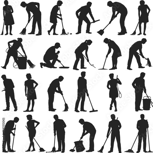 Cleaning, housekeeping, janitor, sanitation, hygiene, mop, broom, vacuum, bucket, dustpan, scrub, silhouette, worker, chore, tool, posture, maintenance, domestic, equipment, service