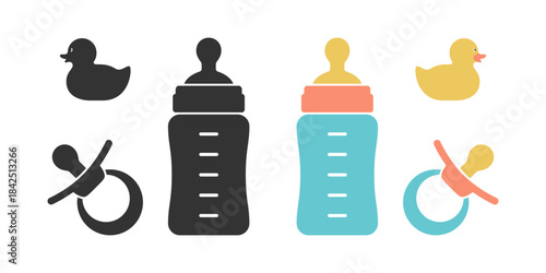 Baby items graphic icons set. Bottle, pacifier and toy duck symbols. Signs isolated on white background. Vector illustration