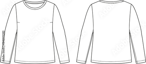 Basic crew neck long sleeve t-shirt technical drawing template for children's or youth casual knitwear fashion apparel design flat sketch vector illustration.