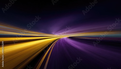 Abstract highway at night, bright yellow & purple streaks lead to a distant horizon