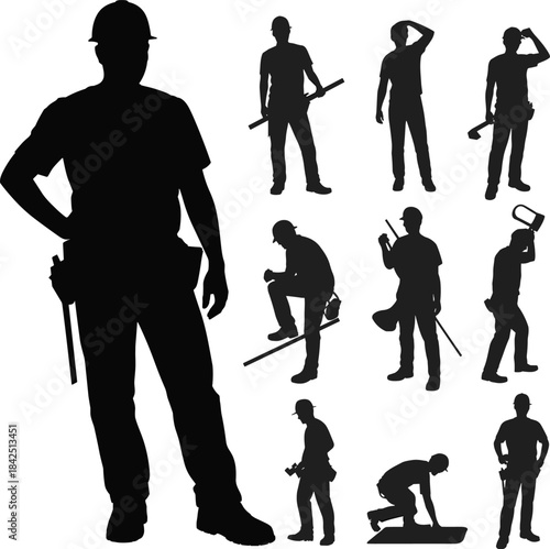 Construction worker silhouettes, industrial labor poses, hard hat safety, tool belt, teamwork, job site, engineering, repair, strength, occupation, effort, manual work, building