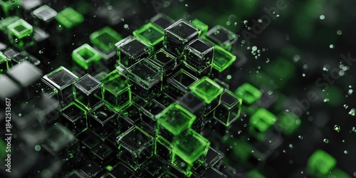 Abstract image of green and black glass cubes, data, digital, network concept
