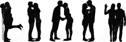 Couple silhouettes, romantic poses, love embrace, kissing moment, black vector, relationship clipart, intimate gesture, affection art, emotional bond, couple interaction