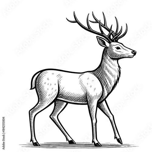 elegant detailed reindeer illustration with majestic antlers in vintage christmas engraving style