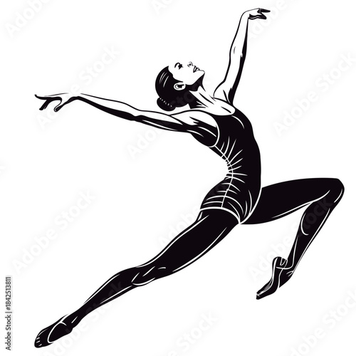 “Elegant Ballet Dancer in Dynamic Leaping Pose – Graceful Black-and-White Artistic Illustration”