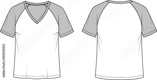 V-neck raglan t-shirt technical fashion flat sketch vector template set for two-tone casual sportswear apparel and garment design.