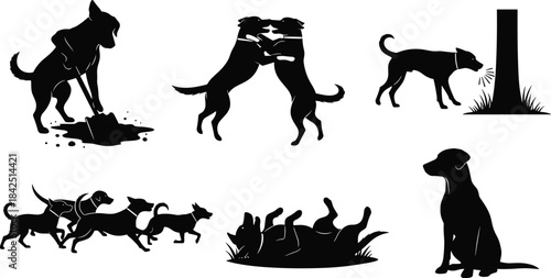 Dog silhouette set, playful poses, digging, wrestling, urinating, running pack, rolling dogs, sitting pet, vector illustration, animal behavior