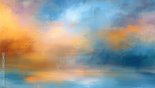Abstract landscape painting with a vibrant sunrise or sunset reflection
