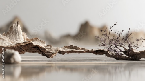 Abstract landscape with wood and dry plants. Serene, natural tones