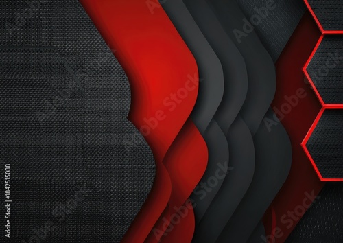 Abstract layered design with red, gray, and black textures & honeycomb accents