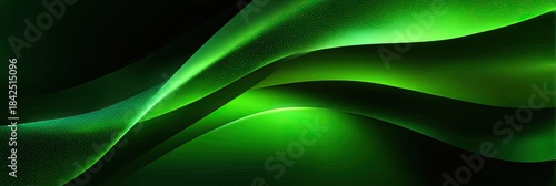 Abstract green flowing shapes in a dark background. Curves and waves create a flowing design