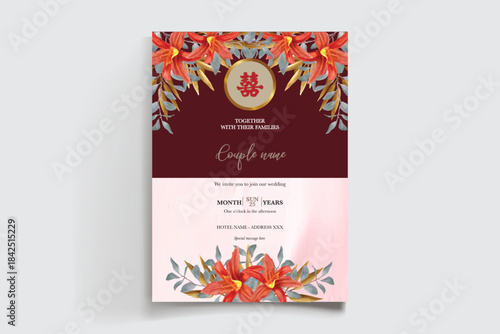 WEDDING INVITATION FRAME WITH FLOWER DECORATIONS AND FRESH LEAVES