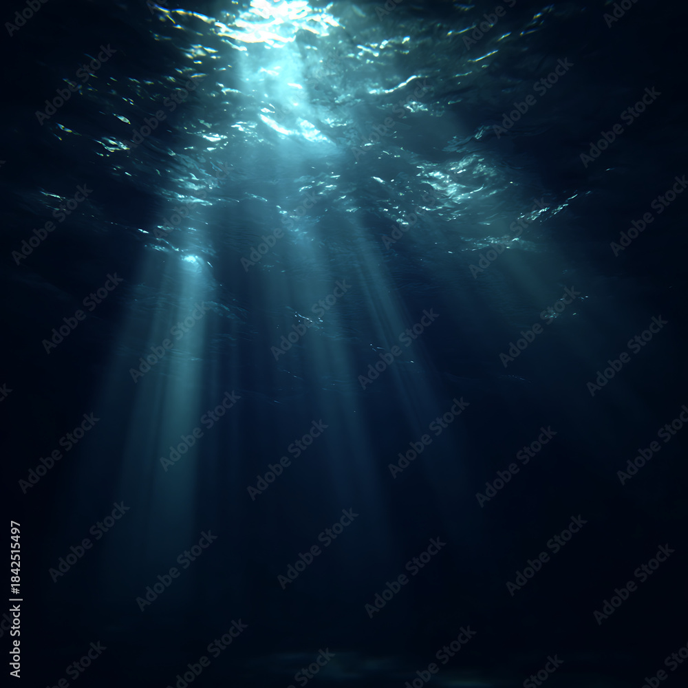 Fototapeta premium Underwater ocean view with sun rays through water - deep blue sea diving and marine environment for nature travel backgrounds