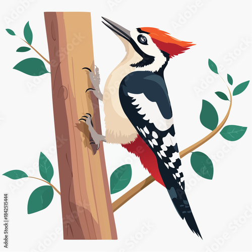 Woodpecker on tree branch with green leaves