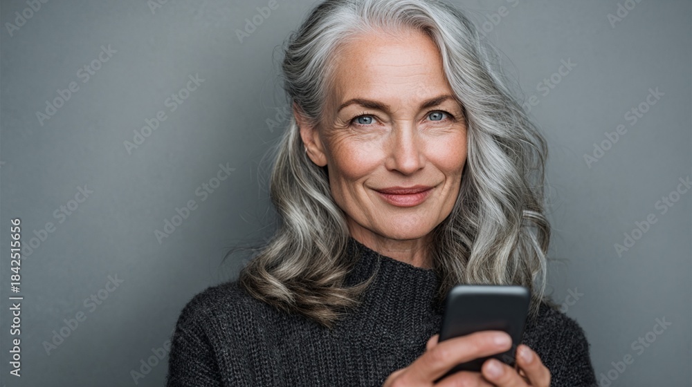 Fototapeta premium Smiling mature woman with beautiful gray hair holding a smartphone, showcasing modern technology and confidence, perfect for portraits, lifestyle, or business themes in photography.