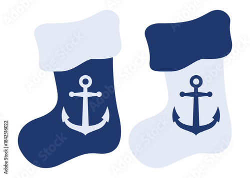 Logo nautical. Silueta de ancla de barco en calcetín de Santa Claus para tarjetas y felicitaciones de Navidad