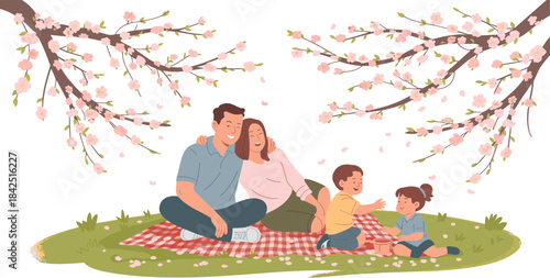 Family picnic, cherry blossoms, springtime joy, outdoor bonding, playful children, serene nature, blooming trees, happy parents, peaceful moment, seasonal celebration
