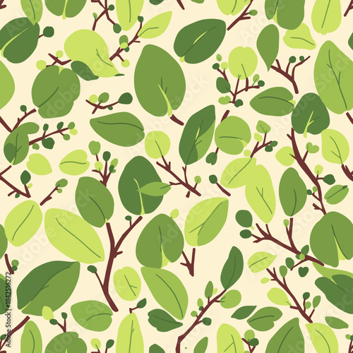 A seamless pattern of various green leaves and branches on a light cream background, creating a natural and organic aesthetic.