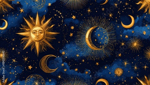 Celestial pattern with sun, moon, and stars