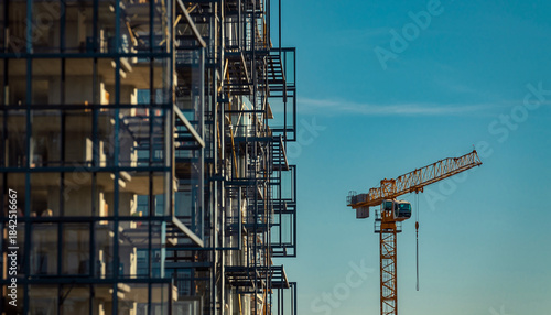 高層ビル建設現場に立つタワークレーンの風景