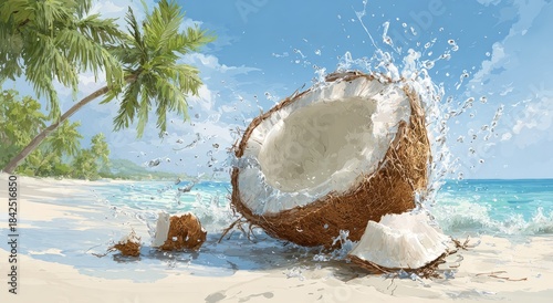 Refreshing coconut halves splash water on a tropical beach with palm trees