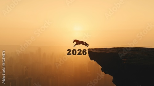 2026 Business Future Concept with Wide Sky Copy Space – Horse Leap Silhouette