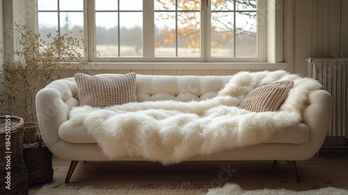 Cozy gray sofa with a white sheep skin blanket, creating a warm and inviting atmosphere.
