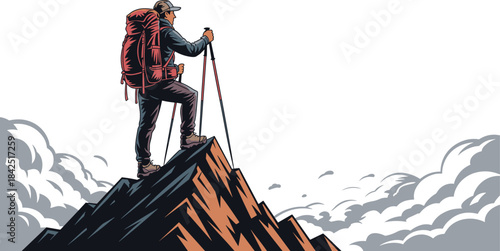 Mountain peak adventure, hiking success, trekking gear, outdoor exploration, summit achievement, dramatic clouds, wilderness journey, nature challenge, explorer victory, scenic climb