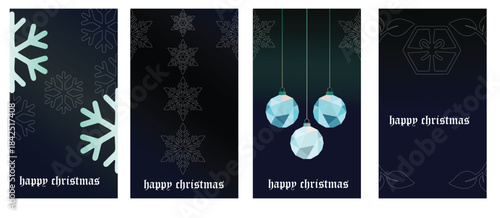 Christmas card vector snowflake vector ornament vector showing four minimalist holiday card designs with large snowflakes, center snowflake line, hanging ornaments, and geometric reindeer outline