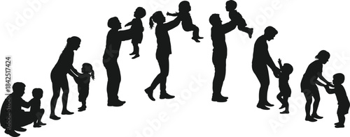 Parent and child silhouettes, family bond, growth stages, emotional connection, parenting journey, child development, silhouette arc, nurturing pose, love, care, support, childhood evolution