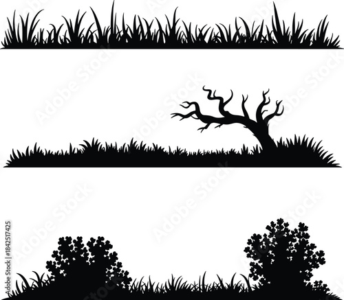 Nature silhouette, wild grass, barren tree, bushy shrubs, black vector, landscape elements, foliage shapes, natural design, outdoor scene, plant forms, forest edge, rustic vegetation, tree branches