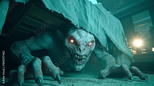 A creepy creature hiding under a bed in a dark room