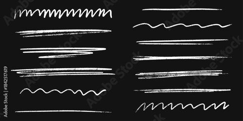 Underline stroke set with pencil, chalk and brush textures. Hand drawn crayon pen sketches of doodle emphasis marks, highlights and scribble elements. Vector collection for creative design projects.