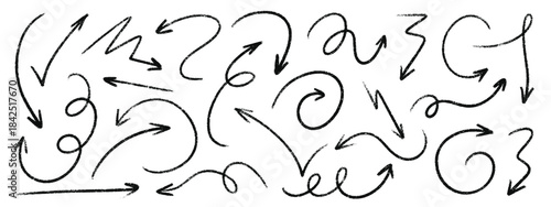 Marker arrow collection with hand drawn crayon and chalk elements. Rough pencil pointer icons with brush stroke texture. Black scribble doodle set featuring sketchy lines and grunge pastel accents.