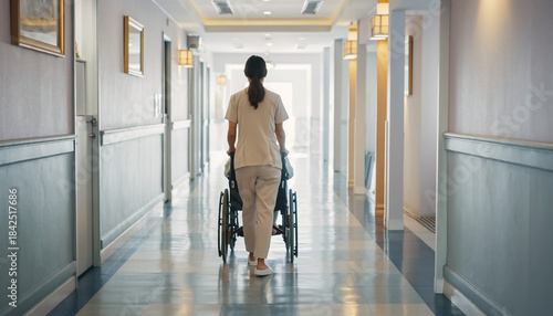 介護施設の廊下で車椅子を押す介護士の後ろ姿