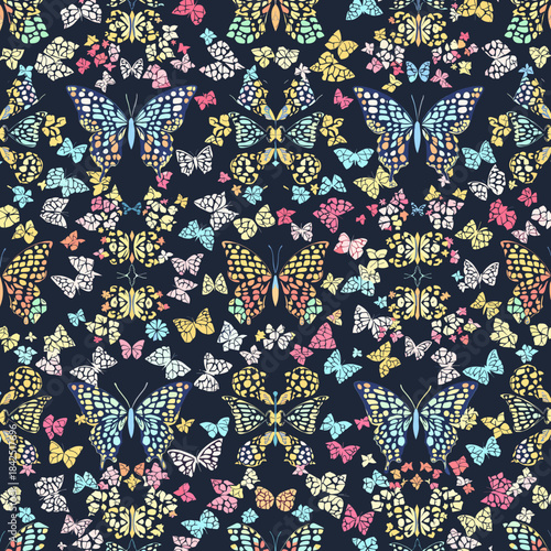A dark blue background filled with a vibrant and intricate pattern of colorful butterflies and small flowers.