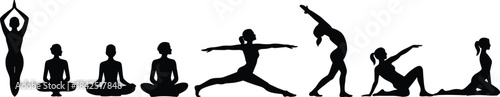 Yoga poses, silhouette illustration, meditation, warrior pose, seated posture, fitness art, wellness icon, black vector, mindfulness, body balance