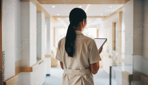 タブレットで記録を確認する介護士の施設内巡回