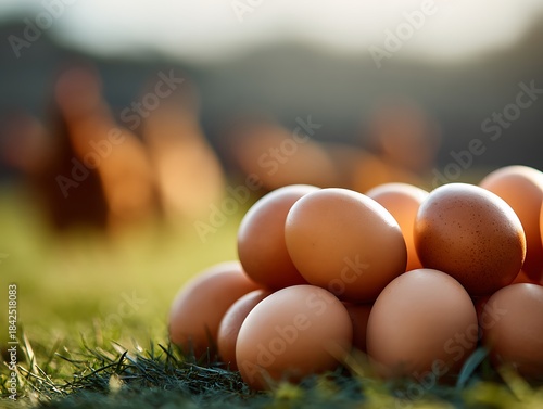 Egg stack in the foreground, cage free eggs with free-range chickens blurred in the background. Natural farming concept, rural countryside scene with copy space