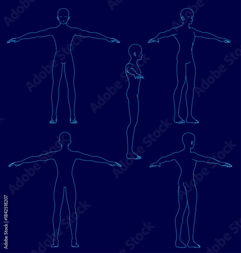 Anime-style male silhouettes strike a symmetrical pose with outstretched arms against a solid blue background. The balanced arrangement and stark contour create a harmonious and striking visual.