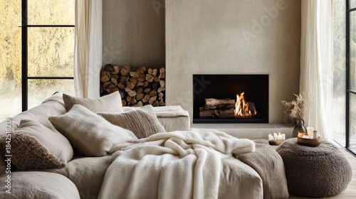 Cozy living room with a modern fireplace and soft throws in a stylish, inviting atmosphere during autumn