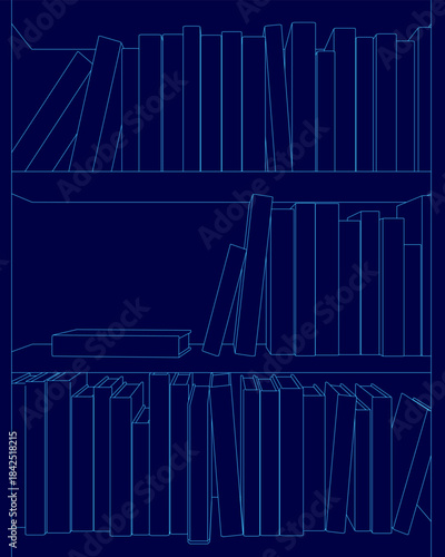 A blue bookshelf contour is neatly filled with organized books against a matching background, creating a well-stocked library scene.