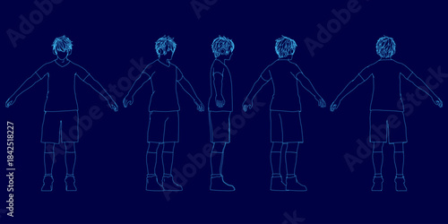 A determined boy in a soccer uniform reaches out with headphones on, his focused gaze fixed ahead against a simple blue background.