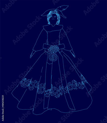 A porcelain doll girl in a blue dress with a high neckline stands against a dark background. Her hair is in a bun under a hat, and she has a gentle expression.