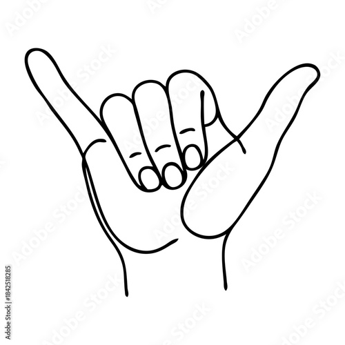 Logo club de surf. Dibujo sencillo con línea continua de mano con señal shaka. Mano con símbolo hang loose
